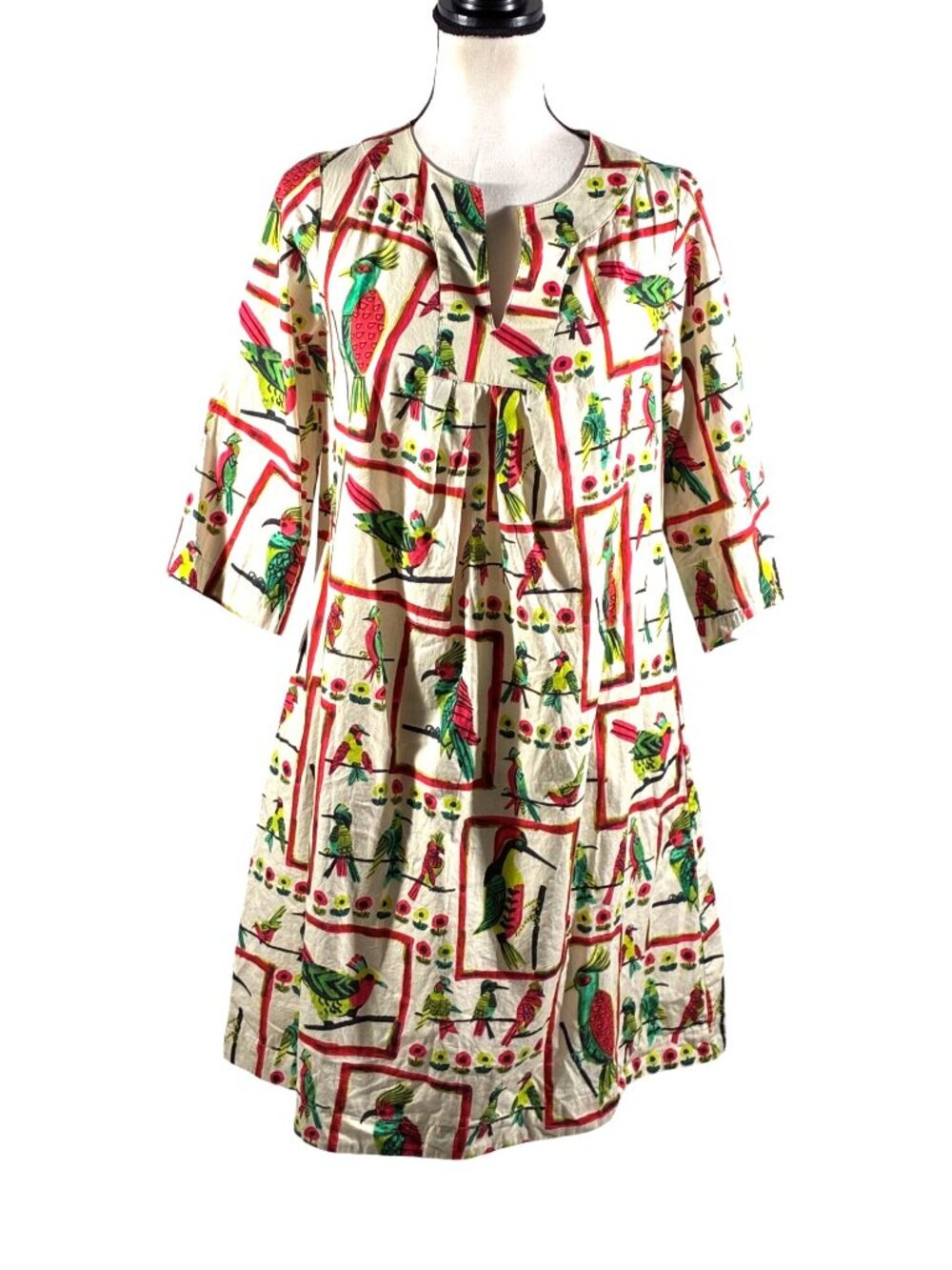 Frances Valentine Bird Print Cotton Dress Cream S 3/4 Sleeves designer unique